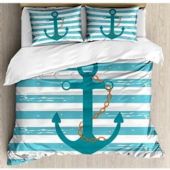 Juego de sábanas nórdicas de 3 piezas Juego de fundas nórdicas, cadena de ancla de barco Marine Life inspirada en líneas de fondo Ocean Sailing, juego de fundas de edredón / edredón de 3 piezas con 2