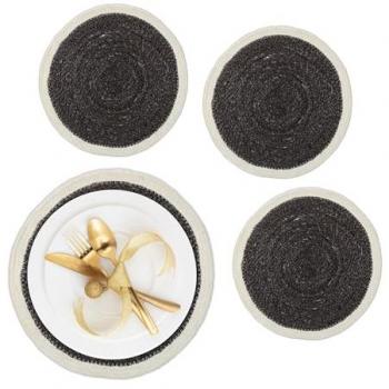 Juego de Manteles Individuales Redondos de 37 cm, Set de 4, en Material de Zostera, Negro/Cream
