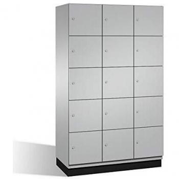 Armario de compartimentos bajo llave Cambio C+P, 3 secciones, aluminio blanco, puerta de acero, 1200 mm de ancho, 15 compartimentos