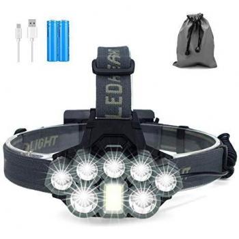 Linterna Frontal, 8 LED 18000 Lúmenes USB Recargable Linterna Cabeza, Ligero Impermeable Linternas Frontales para Camping, Pesca, Correr, Caza, Deportes Nocturnos
