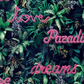 Papel de pared Good Vibes Neon Letter with Plants verde y rosa Noordwand