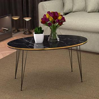 Mesa de Centro Ovalada Hirtshals 41 x 90 x 50 cm - Aglomerado y Metal con Acabado en Mármol Negro y Dorado