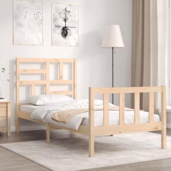 Cama individual de madera maciza con cabecero, color marrón, estructura redonda pequeña