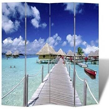 vidaXL Biombo con Foto de Playa Pantalla Divisor Separador de Espacios con Imagen Impresa para Dividri Habitación Madera de Abeto 160x170 cm