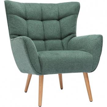Sillón nórdico Avery con tejido efecto aterciopelado texturizado verde oscuro y madera de caucho maciza
