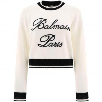 Balmain Women's Signature Round-neck Knitwear Sweater in White, Size XS, DF1KA002KG48GAB