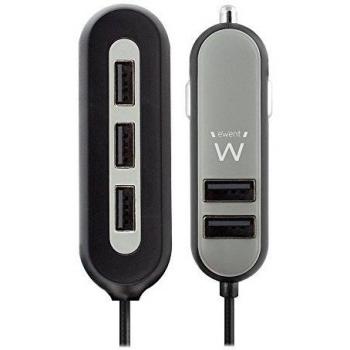 Ewent Cargador de Coche 54W 10.8A 5 USB, 2 USB para Usar en el Asiento Frontal y 3 USB en el Asiento Trasero, Tecnología SmartIC, para iPhone, iPad, Huawei, Samsung, Negro y Gris