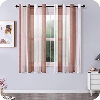 MRTREES 2 Piezas Cortinas Visillos Translúcidos Rayas de Habitacion Matrimonio 140×145cm con Ojales para Ventanas Dormitorio Niño Salon Cocina Comedor Blanco+Marrón Naranja