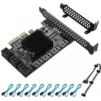 BEYIMEI Tarjeta PCIE 4X a SATA III de 10 Puertos, Tarjeta de Expansión SATA 3.0 PCI Express de 6 Gbit/s con 10 Cables, Tarjeta Controladora SATA para Windows 8/10 / Ubuntu, Non Raid