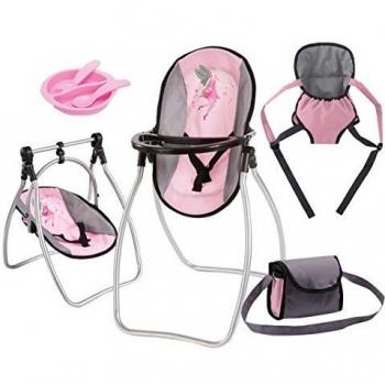 Conjunto de Accesorios Vario 9 en 1 para Muñecas con Trona, Bolsa, Portador y Plato - Color Púrpura