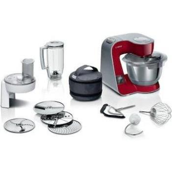 Bosch MUM5X720 Robot de Cocina Multifuncional con Balanza Integrada, 1000W, 3.9L - Rojo y Plata
