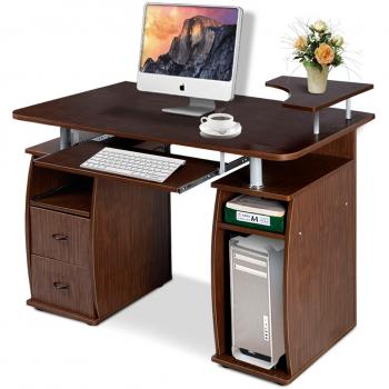 Mesa de Computadora Costway con Cajones, Escritorio de Madera para Oficina y Hogar, Color Nuez, 2 Cajones y Estante