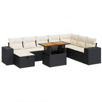 9-Piece Black Poly Rattan Garden Sofa Set with Cushions and Acacia Wood