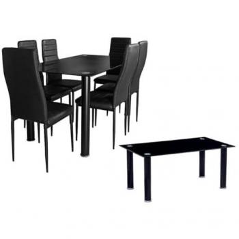 Pack Elegancia: Mesa de Cristal Templado + 6 Sillas de Polipiel + Mesa de Centro de Cristal Templado Negro