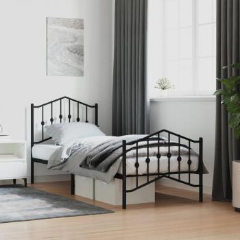 Cama pediátrica con cabecera y estribo, estructura metálica negra, dimensiones 90x190 cm