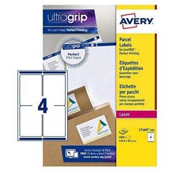 Etiquetas de Envío Autoadhesivas Avery L7169-250, 139 x 99.1 mm, 4 Etiquetas por Hoja A4, Pack de 1000 Etiquetas - Tecnología BlockOut