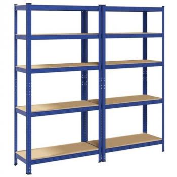 Estanterías de 5 niveles 2 uds Acero Azul y Madera Contrachapada