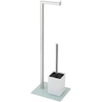 Piantana Porta Rollo y Escobilla de Baño, Base de Vidrio, Acabado Blanco, 18x22x70.5 cm