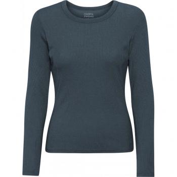 Women's Long Sleeve Ribbed Organic T-Shirt in Petrol Blue