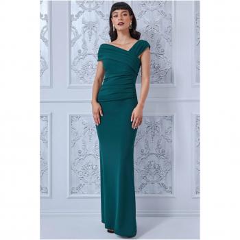 Goddiva One Shoulder Evening Maxi Dress - Emerald Green; Goddiva Sustainable Flutter Sleeve Chiffon Wrap Midi Dress - Sage Green
