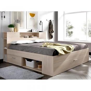 Cama con cabecero, compartimentos y cajones - 140 x 190 cm - Color natural + Somier + Colchón - Leandre