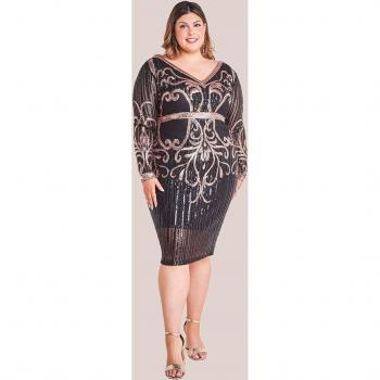 Plus Size Black Sequin Mesh V Neck Midi Dress
