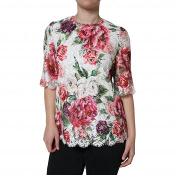 White Floral Silk Lace Blouse with Short Sleeves - Size XS