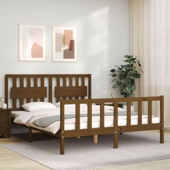 Estructura de cama matrimonio con cabecero de madera marrón miel