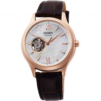 Reloj Orient® RA-AG0022A10B - Reloj automático para mujeres con diseño Open Heart, caja de acero inoxidable, cristal mineral, resistencia al agua de 50 metros, correa de cuero y movimiento automático