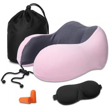 Almohada de Viaje，NASUM Almohada para Avión Almohada Cervical, Almohada Ortopédica Cervical, de Espuma Memoria, con Máscara de Ojos, Tapones Oídos y Bolsa con Cordón