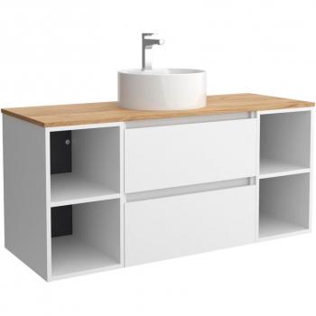 Mueble de baño Bequia con encimera y lavabo posar, 120 cm, 2 coquetas, 2 huecos, color blanco