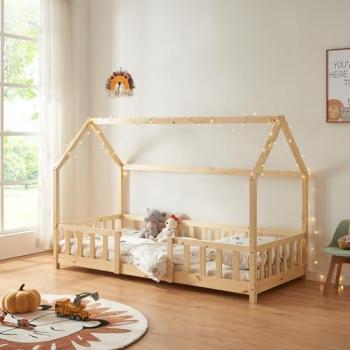 Cama Infantil Sisimiut de Madera de Pino Natural 90x200 cm con Reja Protectora y Diseño en Forma de Casa