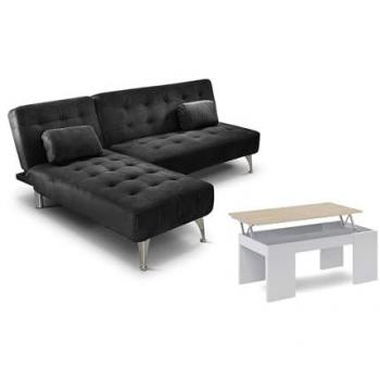 Sofá Cama Chaise Longue XS Negro con Mesa de Centro Elevable Blanca y Cambria