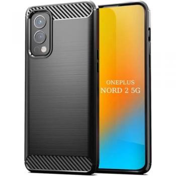 Funda Protectora Antigolpes de Silicona Negra para OnePlus Nord 2 5G con Diseño de Fibra de Carbono y Absorción de Choque [Compatible Carga Inalámbrica]