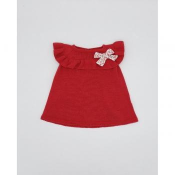 Vestido de punto en color rojo coral con bonito volante para bebé niña