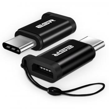 ESR Adaptador USB C Macho a Micro USB [2 Unidades] [Carga Rápida][OTG]con Cuerda, Aluminio Resistencia 56 Ohm para iPad Pro MacBook ChromeBook Pixel Nexus Samgsung Galaxy LG G6 Nintendo Switch-Negro
