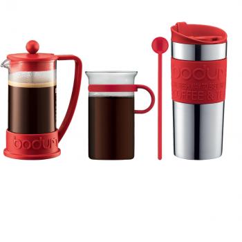 Bodum - K10948-294 - Coffe Set - Set de café - cafetera 3 tazas - 0,35 l + mug de viaje - 0,35 l + 1 taza de cristal - 0,3 l + 1 charilla - color rojo
