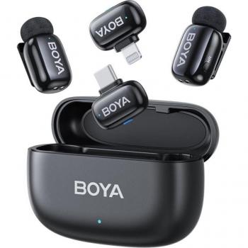Boya Mini-12 Ultra-Mini Wireless Microphone System with Dual USB-C/Lightning Connectivity, Noise Cancellation, 100m Range, and 30h Battery Life