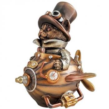 Figura Decorativa de Gato Marrón con Búhos - 15x12x13cm