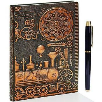 Diario de piel en relieve vintage con juego de bolígrafos dorados,A5,hecho a mano,cuaderno de bocetos, diario de viaje y cuaderno para escribir, regalo para mujeres y hombres