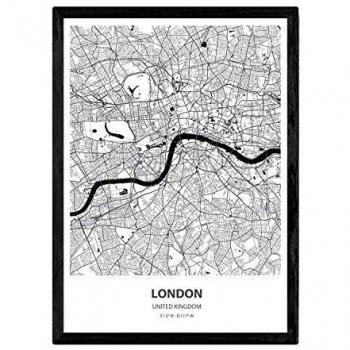 Póster A3 con Mapa de Londres, Reino Unido - Lámina en Color Negro de Ciudades con Mares y Ríos (Sin Marco)