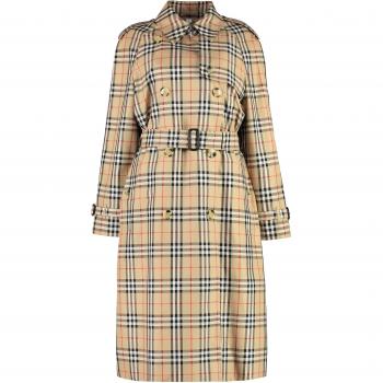Burberry Women's Gabardine Trench Coat in Beige, Size 8, 8072716145553, Color A7028, Cotton with Check Print, Vintage Check Button Coat