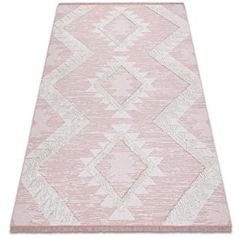 Alfombra Eco Sisal Boho Marroquí Diamantes con Flecos - Dos Niveles de Vellón Rosa/Crema, Alfombra Reciclada 117x170 cm