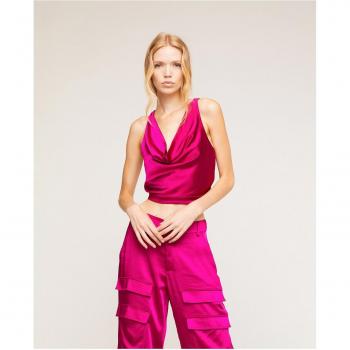 Top Crop de Raso Elegante con Escote Profundo y Cierre Invisible