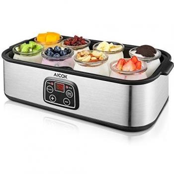 Yogurtera AICOK Yoghurt Hecho en Casa 8 Tarros de Vidrio 1440ml Pantalla LED con Ajuste de Temperatura y Temporizador Auto Apagado, Acero Inoxidable, 30W