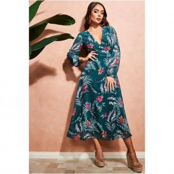 City Goddess Floral Print Wrap Midi Dress - Green