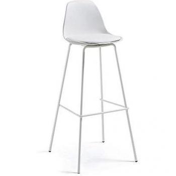 Kave Home - Taburete Alto de Bar Brighter Blanco 75 cm con Respaldo, Asiento tapizado en Piel sintética y Patas de Acero en Blanco