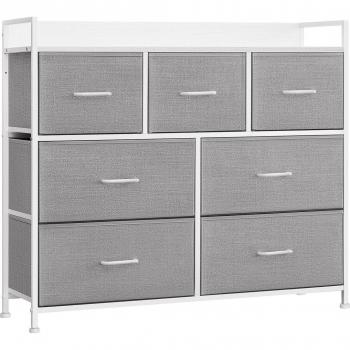Cómoda Moderno con 7 Cajones de Tela Gris Paloma y Blanco Nube, Tiradores, Marco de Metal, Ideal para Almacenamiento Versátil