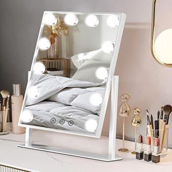 Espejo Maquillaje Grande con Luz, Espejo de Maquillaje Hollywood con 12 Bombillas LED en 3 Modos, Luz Ajustable, Rotación de 360°, Control Tactíl, Enchufar, Cosmético Belleza Espejo de Mesa