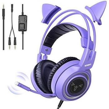 Auriculares Gaming SOMIC G951s Estéreo Violetas con Micrófono, Orejas de Gato y Control de Volumen para PS4, Xbox One y PC